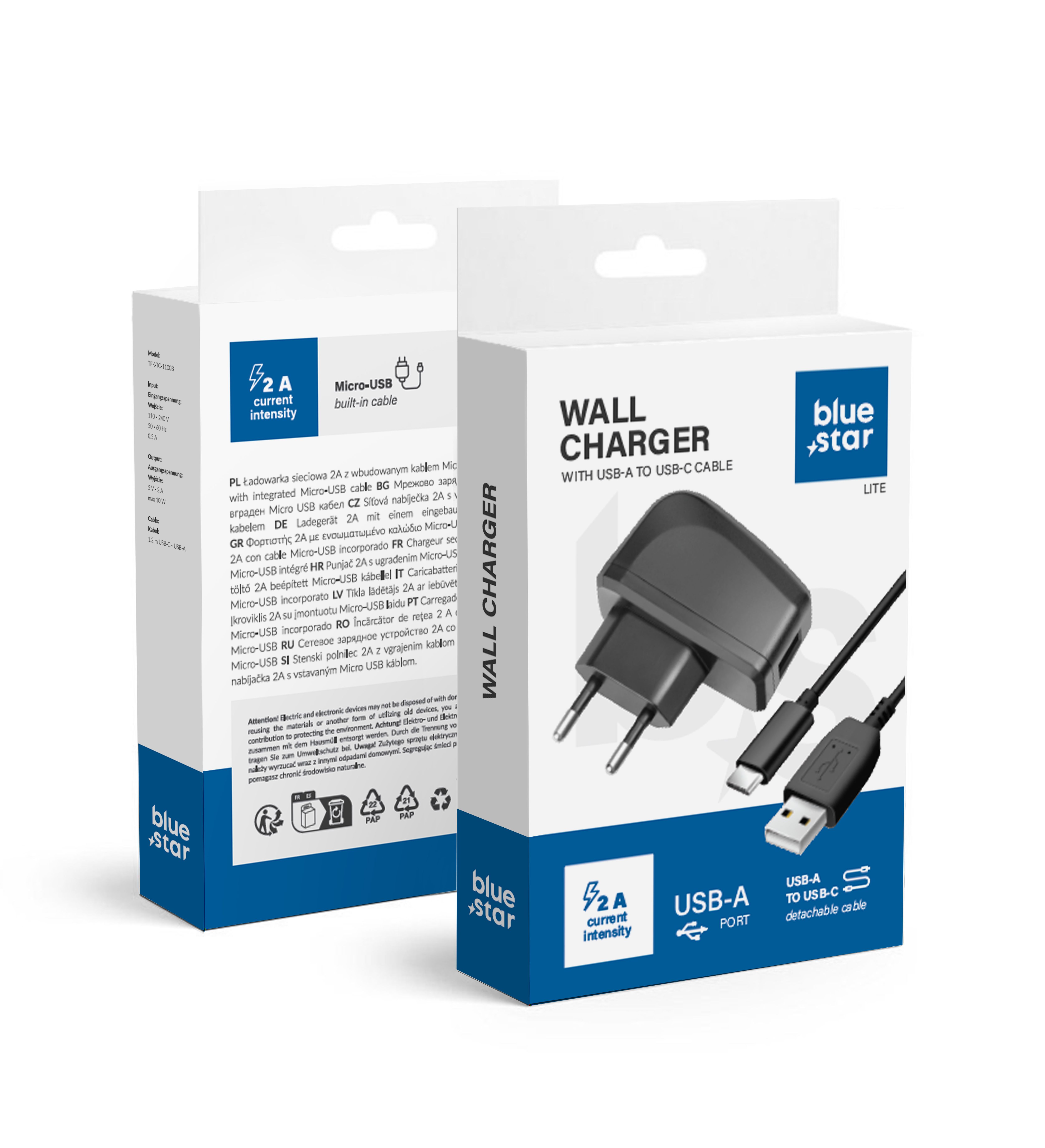 Puhelinlaturi Blue Star Lite USB A 2A 10W + kaapeli USB A - USB C TFK-TC-1095B musta
