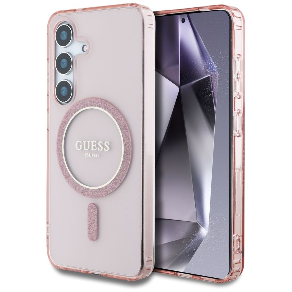 GUESS Suojakuori Samsung S25:lle GUHMS25SHFGEREP (Magneettinen IML Glitter Circle) Vaaleanpunainen