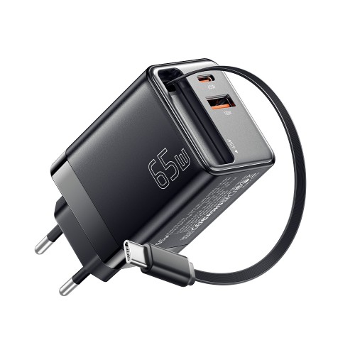 Charger Essager "Scope" Black 65W (1xPD / 1xQC3.0) + integrated Type-C cable