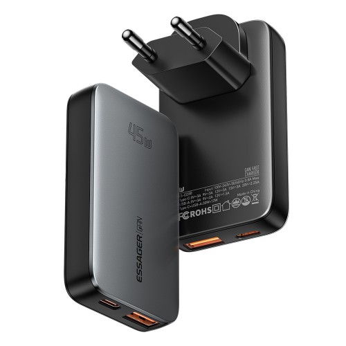 Charger Essager "GaN Ultra" Black 45W (1xPD / 1xQC3.0)