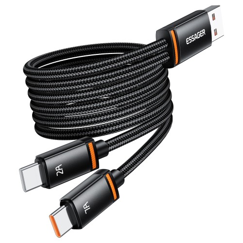 USB Kaapeli Essager Double 2in1 musta USB / 2xType-C 100cm
