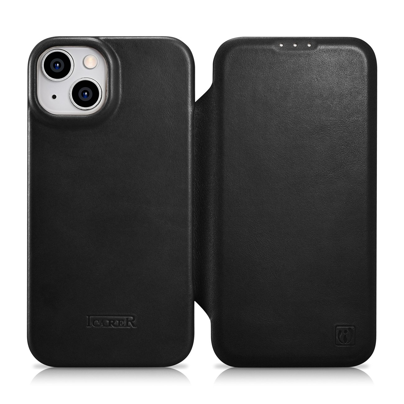 iCarer CE Öljyvaha Premium Nahka Folio Case Nahkakotelo iPhone 14 Plus Magneettinen Flip MagSafe Musta (AKI14220707-BK)