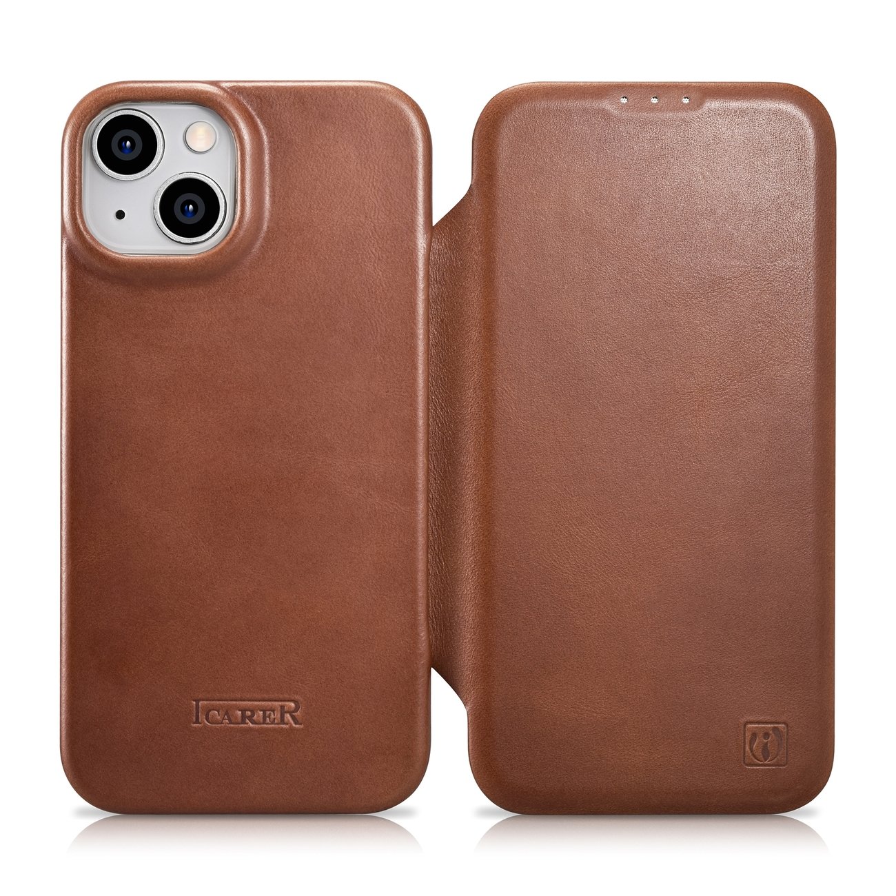 iCarer CE Öljyvaha Premium Nahka Folio Case iPhone 14 Plus magneettinen flip tapauksessa MagSafe ruskea (AKI14220707-BN)