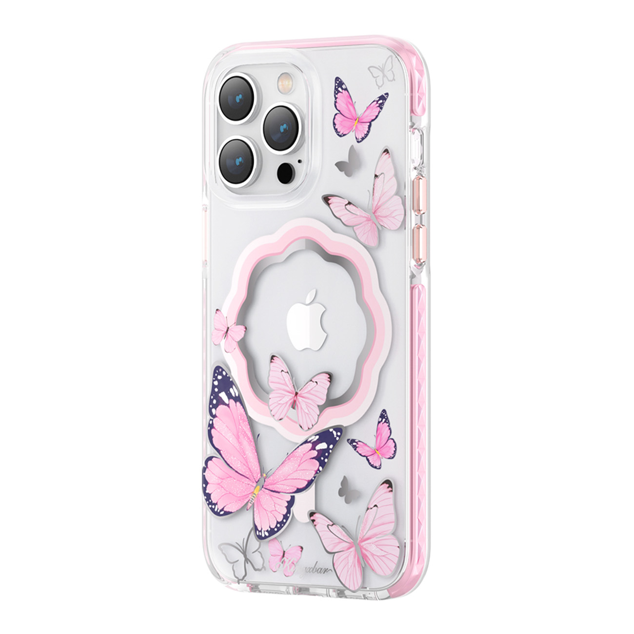 Kingxbar Butterfly Series magneettinen kotelo iPhone 14 Plus MagSafe tapauksessa perhosia vaaleanpunainen