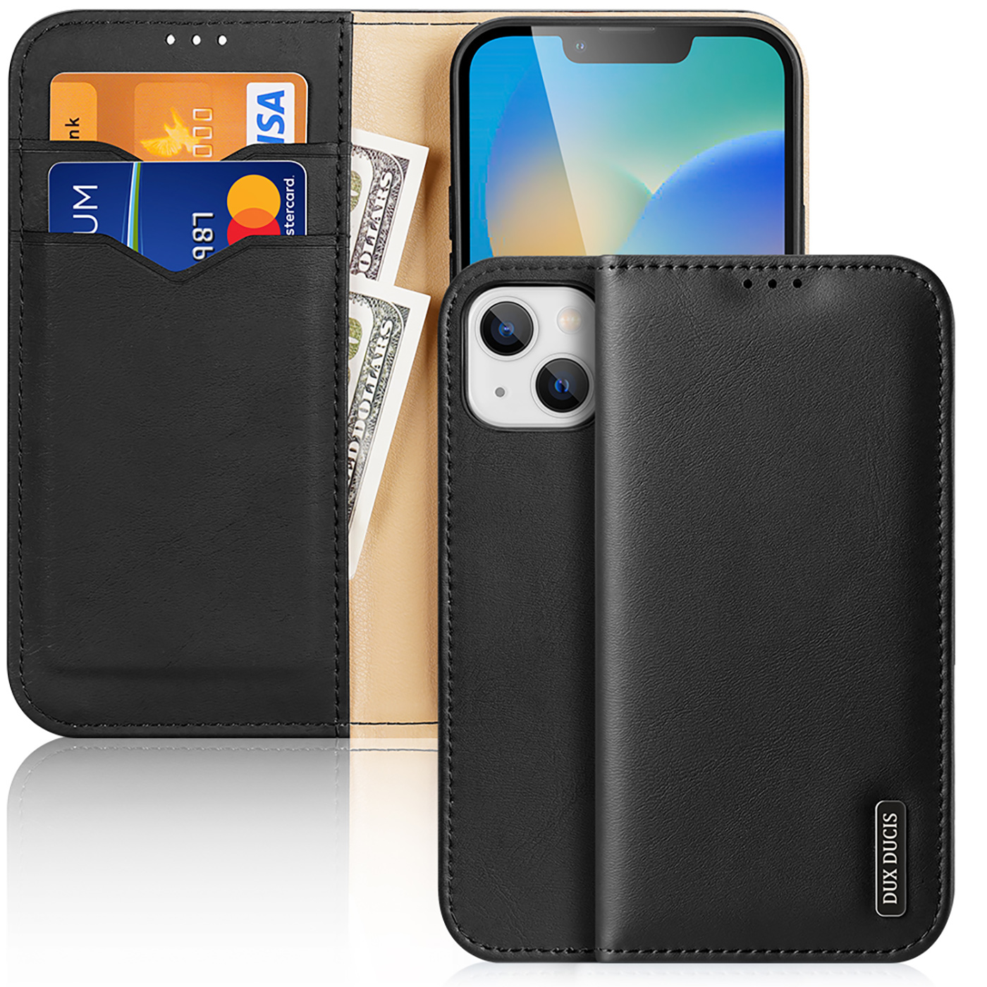 Dux Ducis Hivo Nahka Flip Cover Aitoa nahkaa Lompakko korteille ja asiakirjoille iPhone 14 Plus Musta