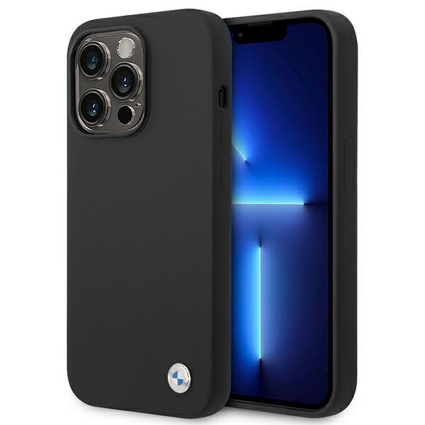 BMW silikoni metalli logo kotelo iPhone 14 Pro - musta