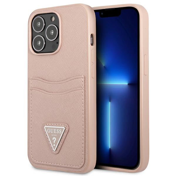 Guess GUHCP13LPSATPP iPhone 13 Pro / 13 6.1 "vaaleanpunainen / vaaleanpunainen kovakotelo SaffianoTriangle Logo Cardslot