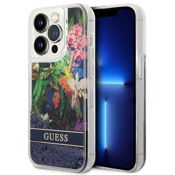 Guess GUHCP14LLFLSB iPhone 14 Pro 6.1 "sininen / sininen kovakotelo Kukka Nestemäinen Glitteri