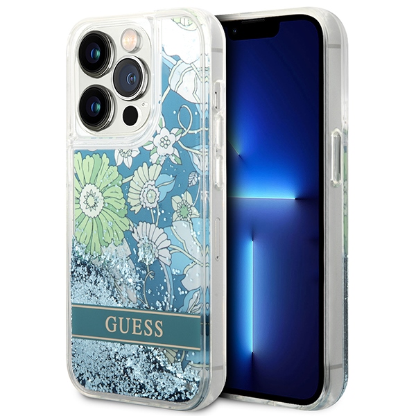 Guess GUHCP14LLFLSN iPhone 14 Pro 6.1" vihreä/vihreä kovakotelo Kukka Nestemäinen Glitteri
