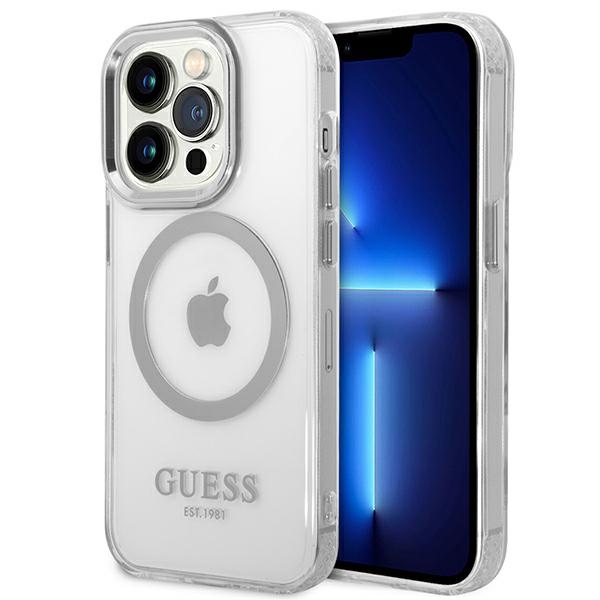 Guess GUHMP14XHTRMS iPhone 14 Pro Max 6.7" hopea/hopea kova kotelo Metal Outline Magsafe metalli ääriviivat