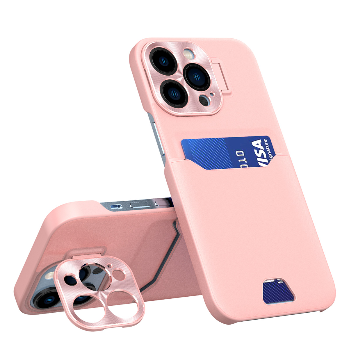 Nahkainen lompakkosuojakuori jalustalla iPhone 14 Pro:lle vaaleanpunainen