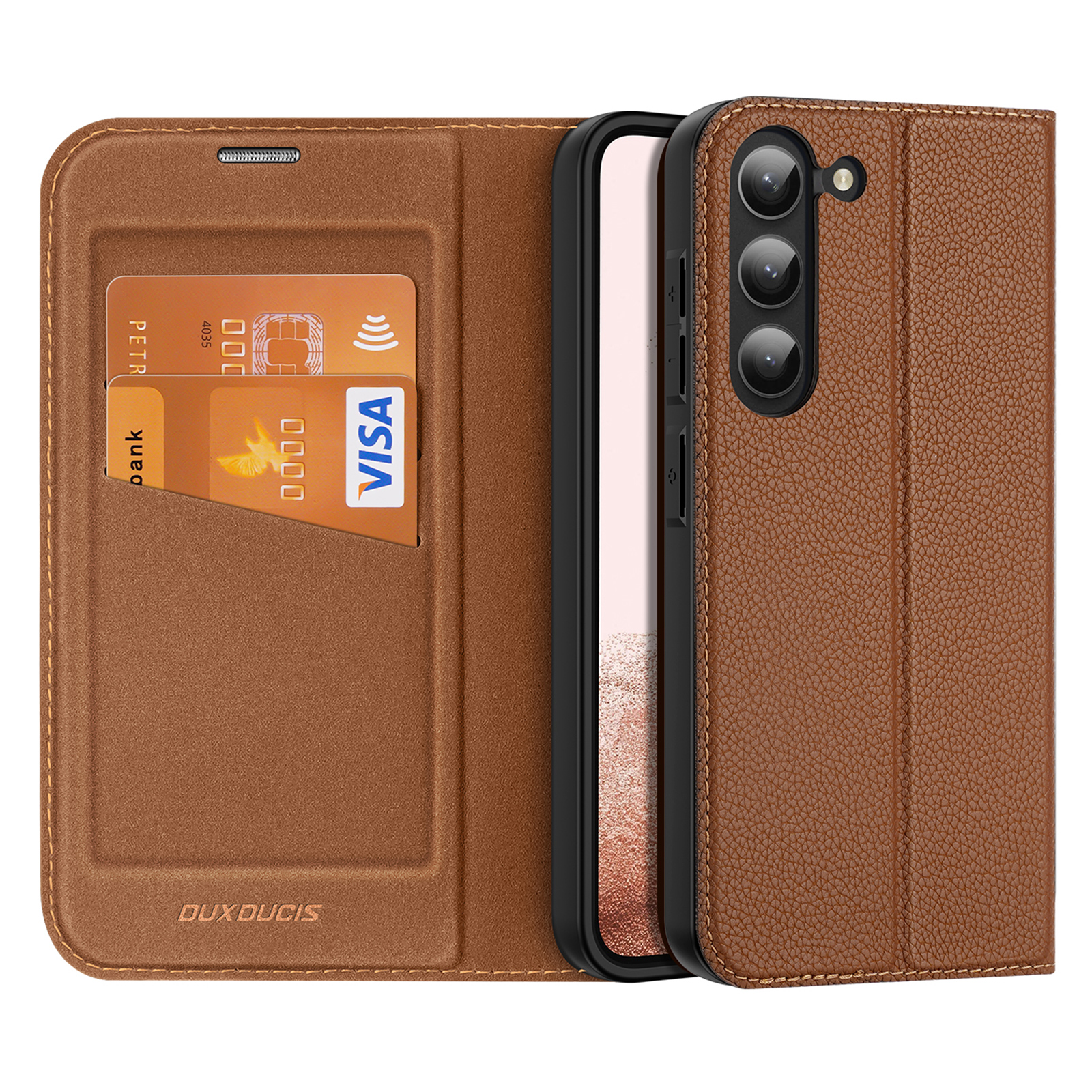 Dux Ducis Skin X2 Suojakuori Samsung Galaxy S23+ läppäkotelo lompakko jalusta ruskea
