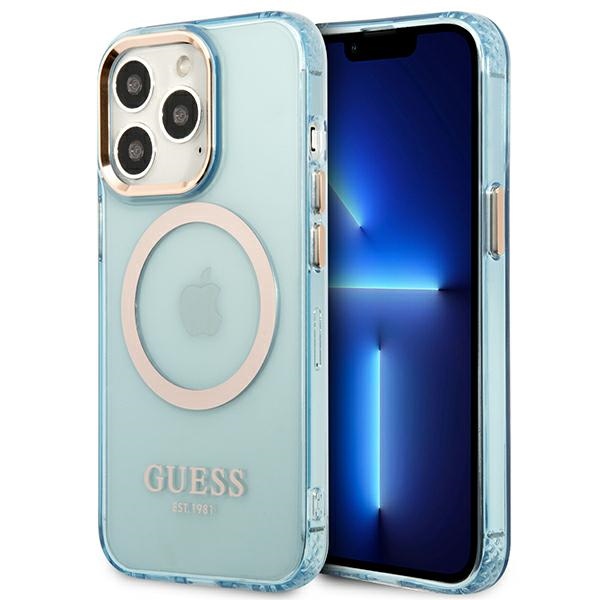 Guess Gold Outline läpinäkyvä MagSafe Suojakuori iPhone 13 Pro / iPhone 13:lle - sininen