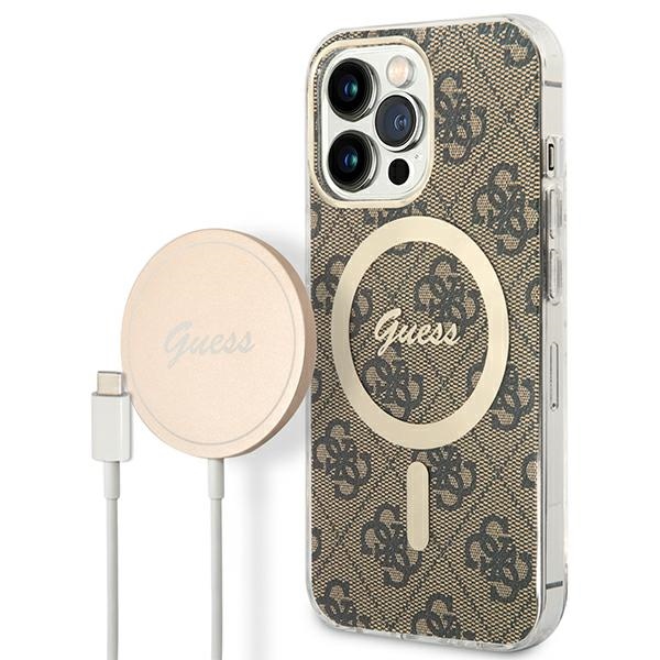 Set Guess GUBPP13LH4EACSW suojakuori + laturi iPhone 13 Pro ruskea/ruskea kova suojakuori 4G Print MagSafe