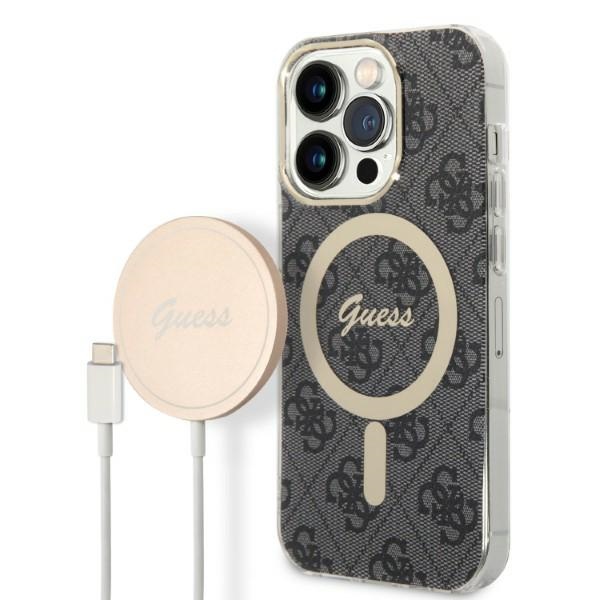Guess GUBPP14LH4EACSK 4G Print MagSafe suojakuori- ja laturisarja iPhone 14 Pro 6.1" -puhelimelle, musta