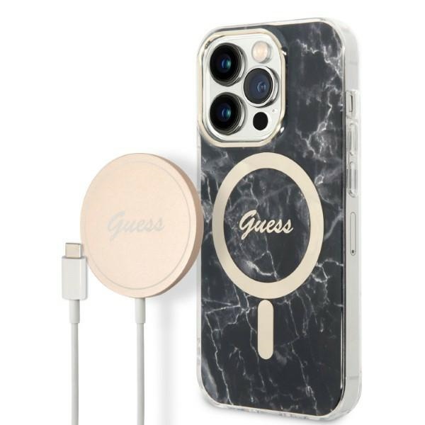 Set Guess GUBPP14LHMEACSK suojakuori + laturi iPhone 14 Pro 6.1 musta/musta kova suojakuori Marble MagSafe
