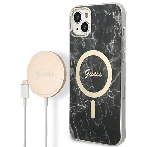 Set Guess GUBPP14SHMEACSK suojakuori + laturi iPhone 14 6.1 musta/musta kova suojakuori Marble MagSafe
