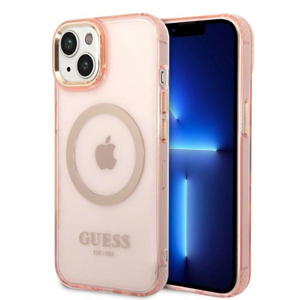 Guess GUHMP14MHTCMP iPhone 14 Plus 6.7 vaaleanpunainen/vaaleanpunainen kova suojakuori Gold Outline läpinäkyvä MagSafe