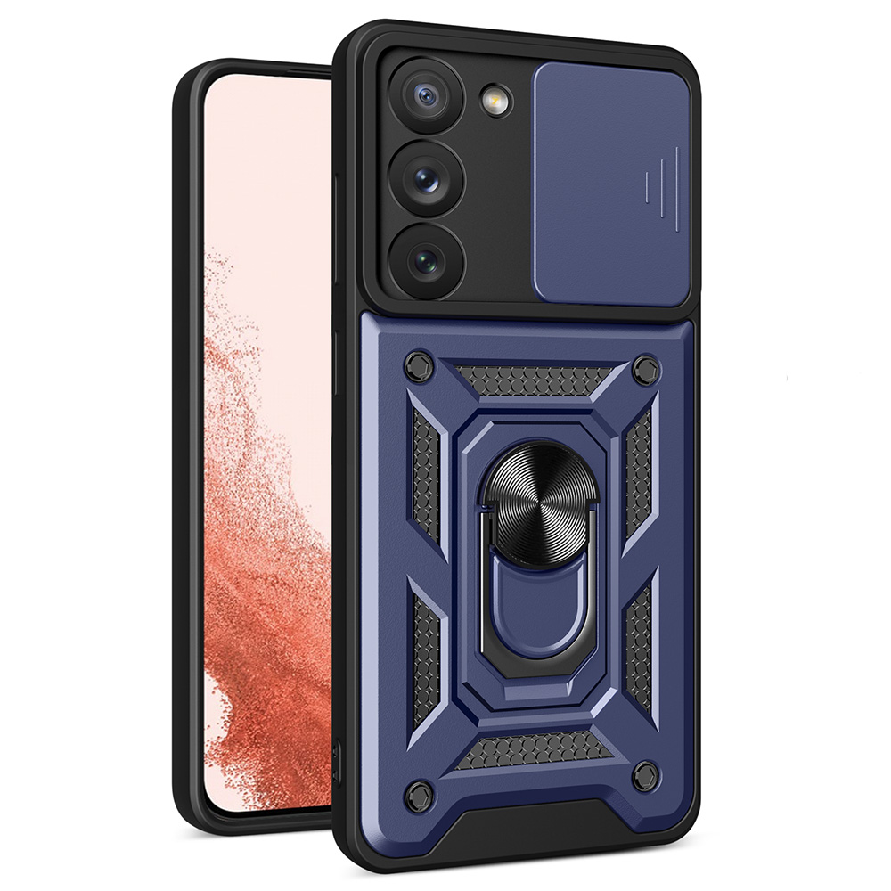 Hybrid Armor Camshield suojakuori Samsung Galaxy S23+:lle panssaroitu kuori kameransuojalla sininen