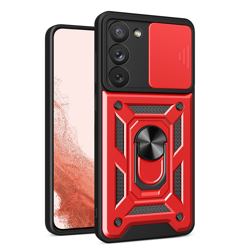 Hybrid Armor Camshield Suojakuori Samsung Galaxy S23+:lle panssaroitu kuori kamerasuojalla punainen