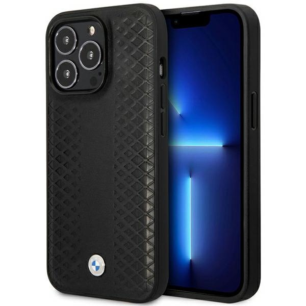 BMW BMHMP14L22RFGK musta nahkainen timanttikuvioinen suojakuori iPhone 14 Pro 6.1 MagSafe