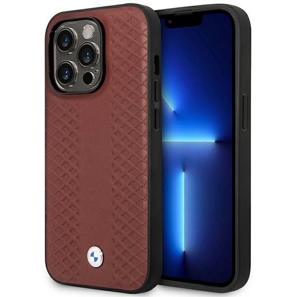 BMW BMHMP14X22RFGR burgundinpunainen nahkainen timanttikuvioinen suojakuori iPhone 14 Pro Max 6.7 MagSafe