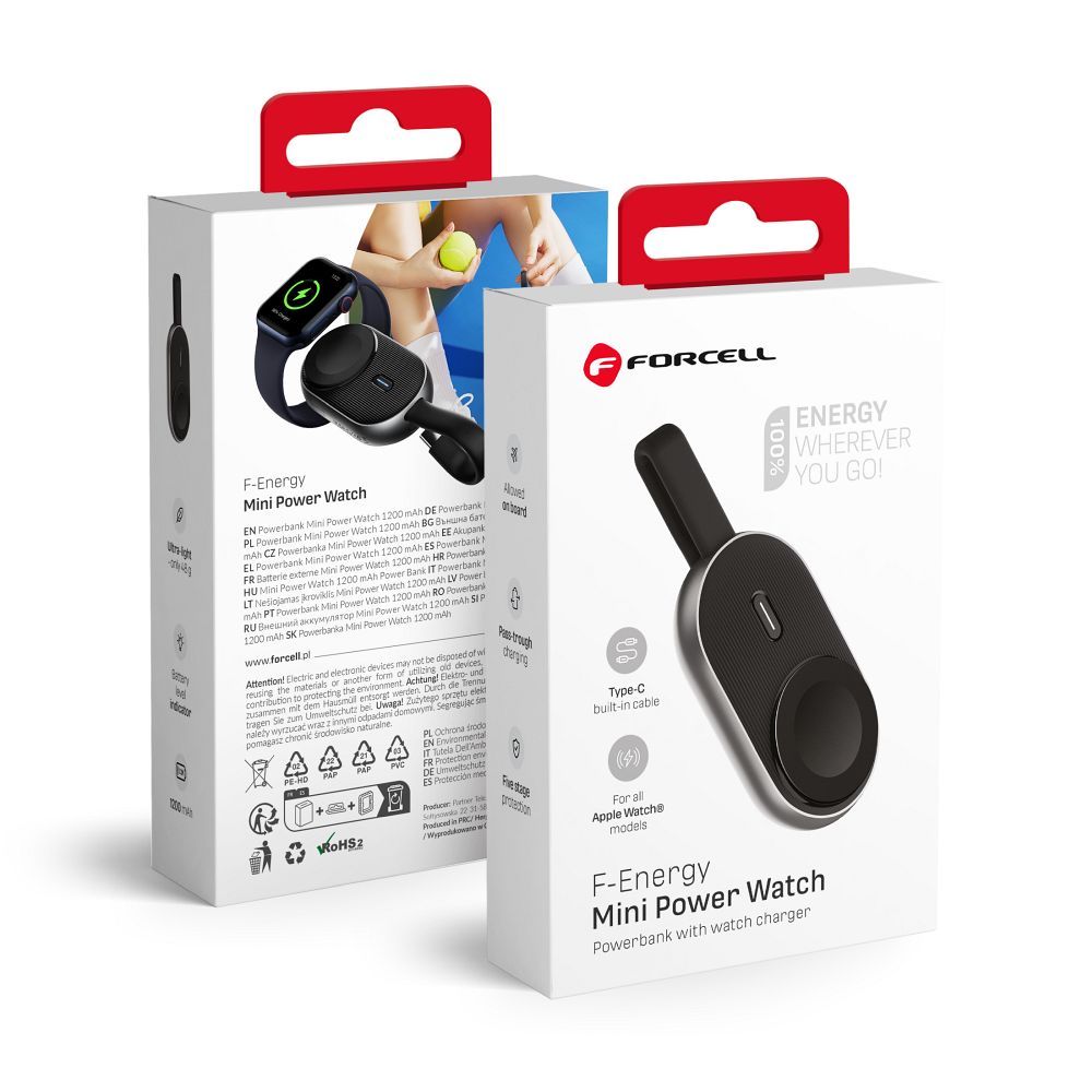 Ulkoinen akku Apple Watch:lle Forcell F-Energy Mini Power Watch 1A 2,5W 1200 mAh musta