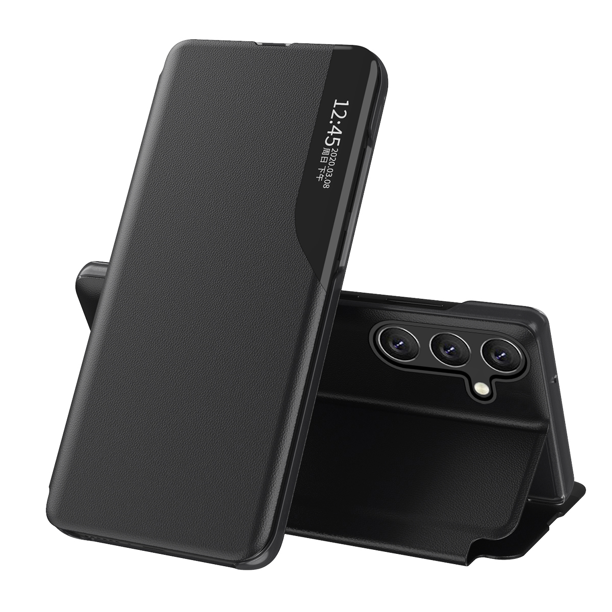 Eco Leather View Case nahkainen Suojakuori Samsung Galaxy A24 4G:lle kippujalustan kanssa musta