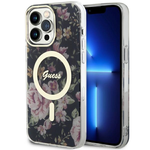 Guess GUHMP14XHCFWSK iPhone 14 Pro Max 6.7 musta/musta suojakuori Flower MagSafe