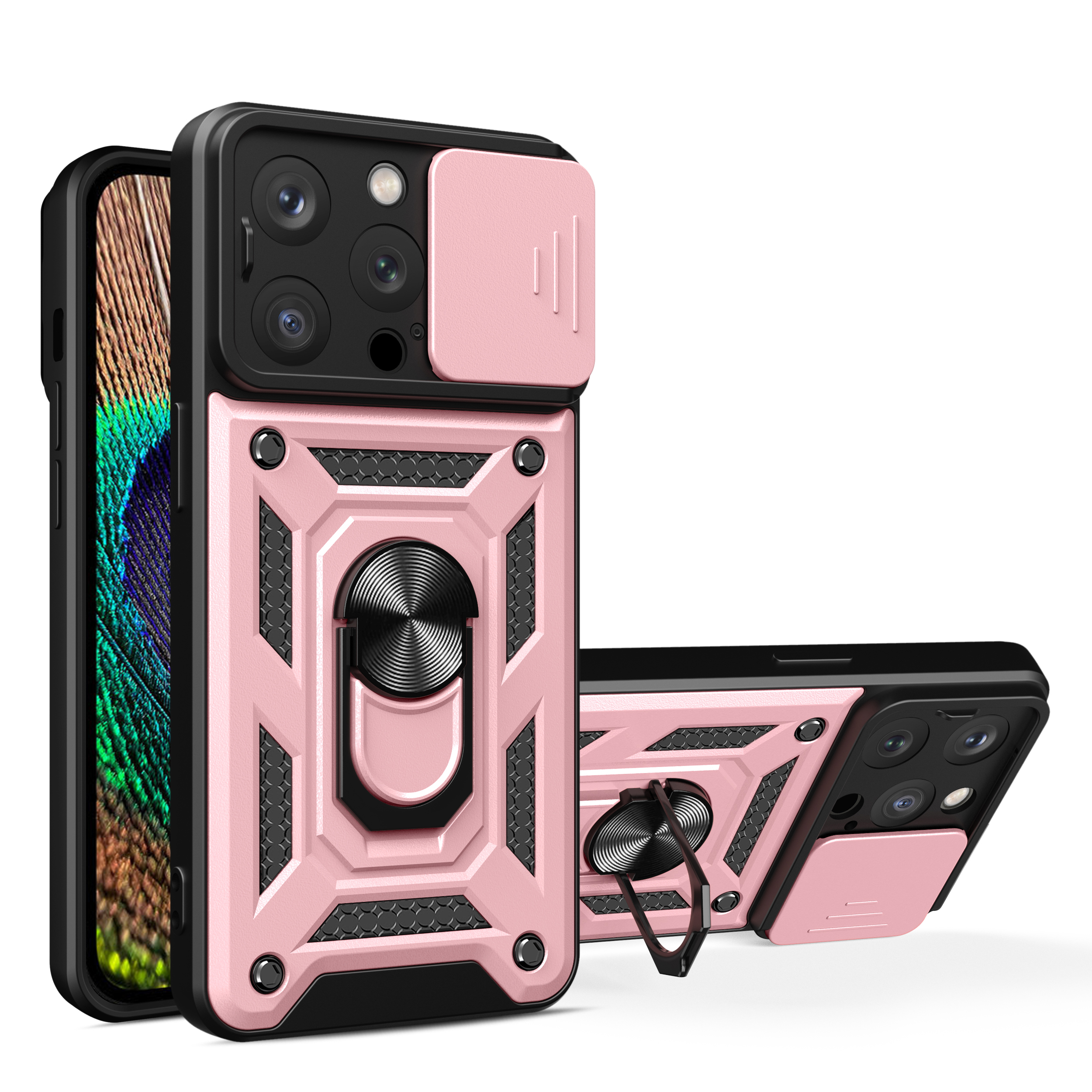 Hybrid Armor Camshield Suojakuori jalustalla ja kamerasuojalla iPhone 15 Pro:lle - vaaleanpunainen