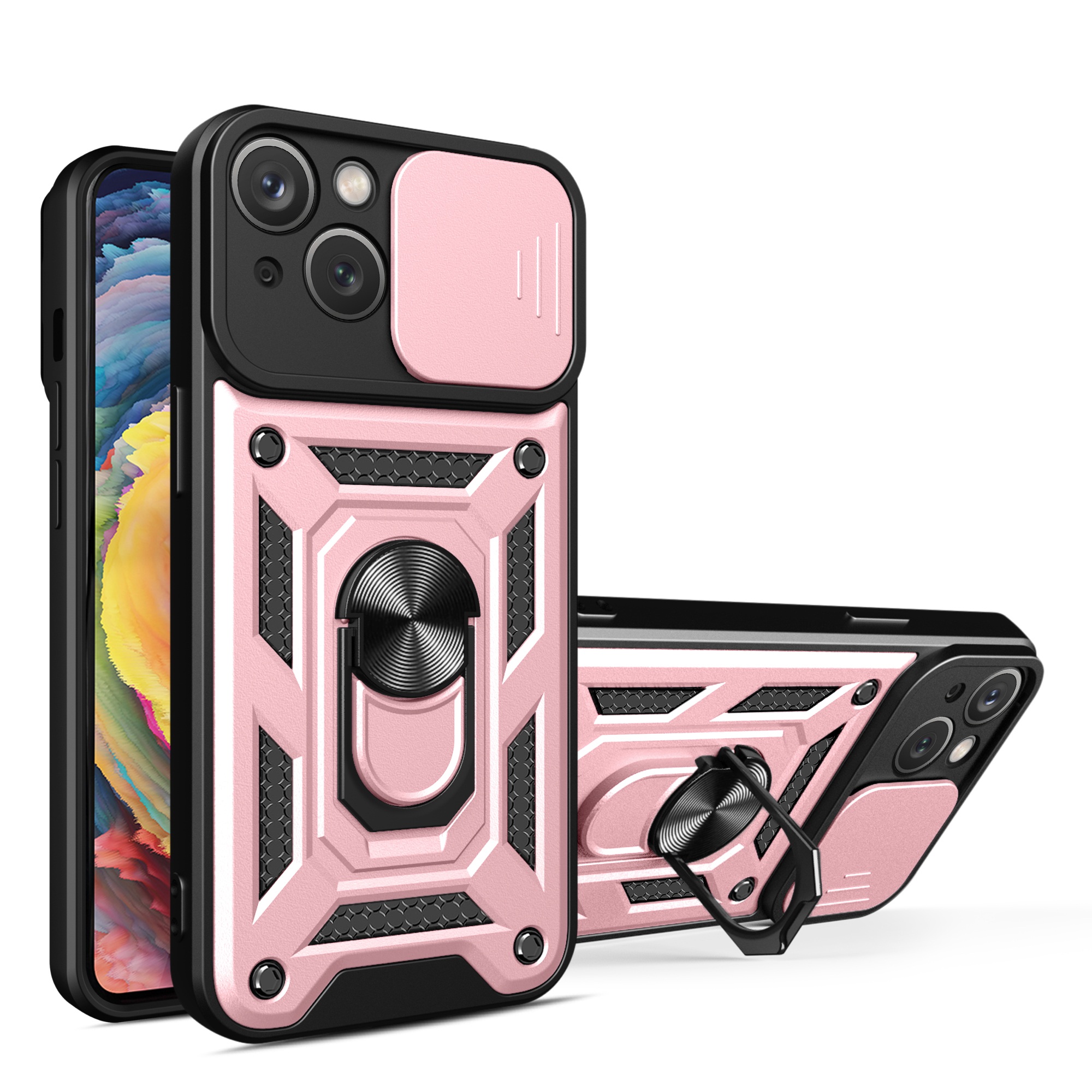 Hybrid Armor Camshield Suojakuori jalustalla ja kamerasuojalla iPhone 15 Plus:lle - vaaleanpunainen