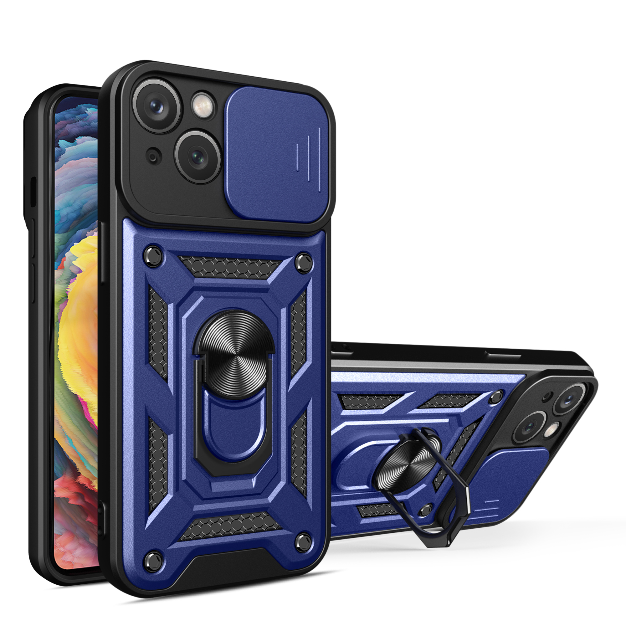 Hybrid Armor Camshield Suojakuori jalustalla ja kamerasuojalla iPhone 15 Plus:lle - sininen