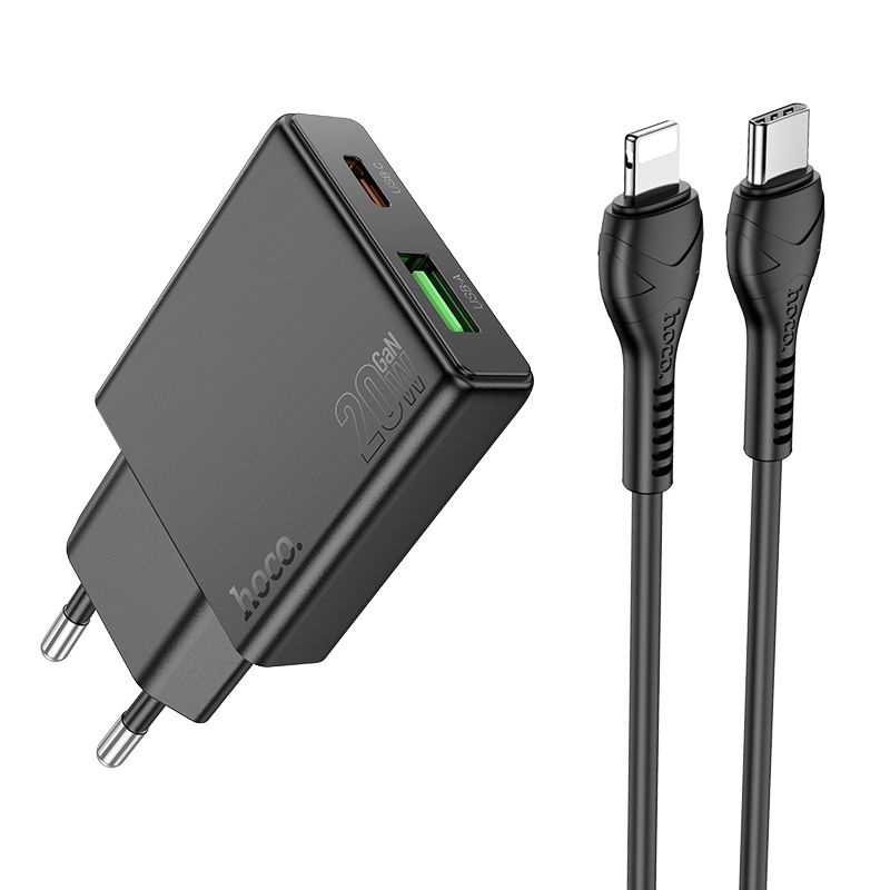 Puhelinlaturi Hoco Slim USB-A + USB-C QC3.0 PD 3A 20W + USB-C - Lightning -kaapeli N38 musta