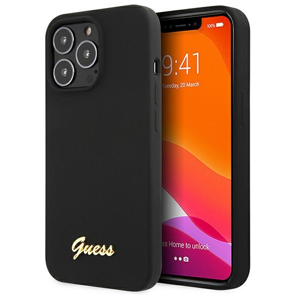 Guess GUHCP13XLSLMGBK iPhone 13 Pro Max 6.7 musta/musta kovakuori Silicone Script Gold Logo