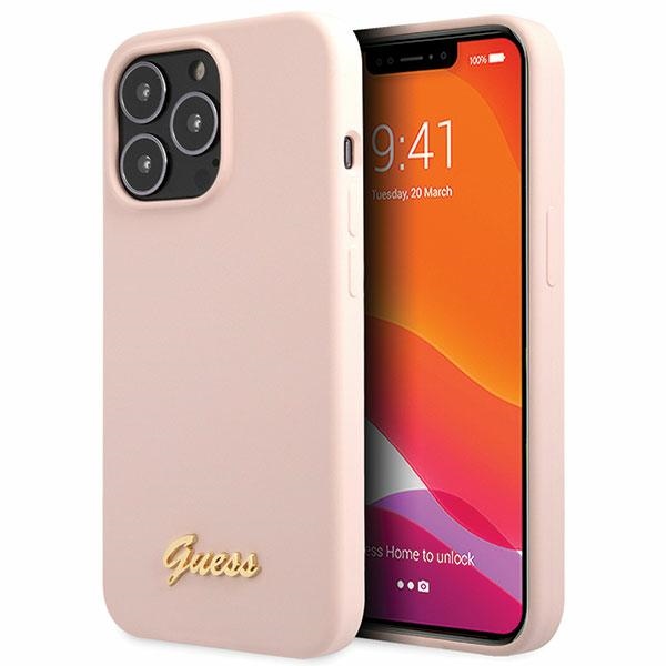 Guess GUHCP13XLSLMGLP iPhone 13 Pro Max 6.7 vaaleanvaaleanpunainen/vaaleanpunainen kovakuori Silicone Script Gold Logo