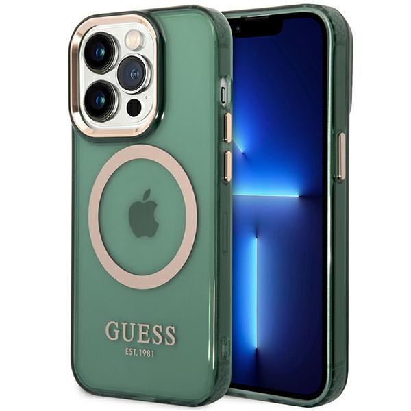 Guess GUHMP14LHTCMA iPhone 14 Pro 6.1" vihreä/khaki kovakotelo kultaääriviiva läpinäkyvä MagSafe