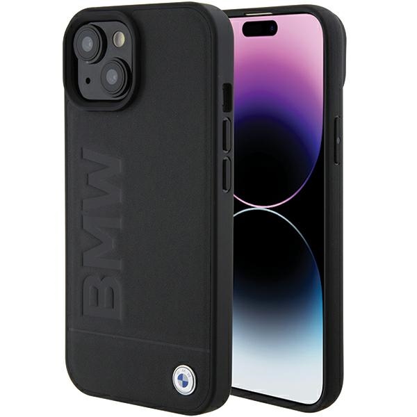 BMW Suojakuori iPhone 15 Plus 6,7:lle BMHMP15MSLLBK musta HC Magsafe Nahkainen Hot Stamp