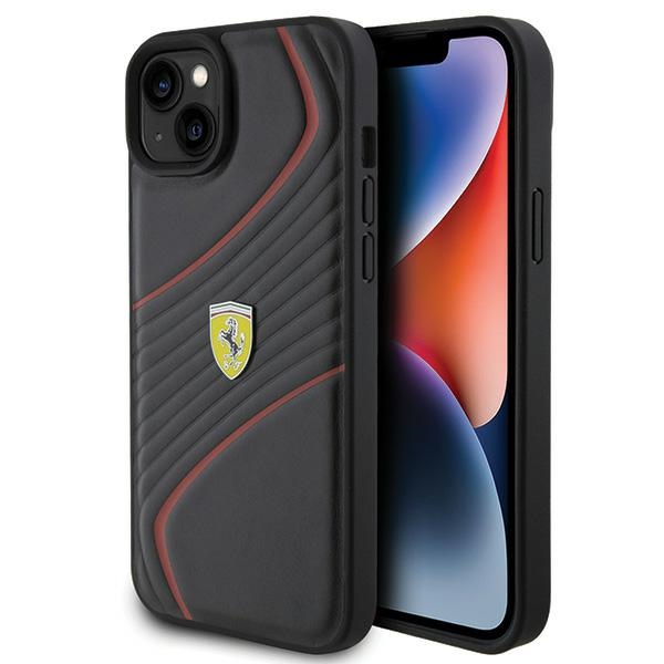 Ferrari Twist Metal Logo Suojakuori iPhone 15 Plus:lle - musta