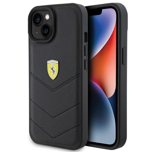 Ferrari Quilted Metal Logo Suojakuori iPhone 15:lle - musta