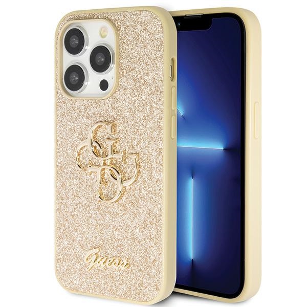 Guess GUHCP14LHG4SGD Suojakuori iPhone 14 Pro:lle - kultainen Glitter Script Big 4G