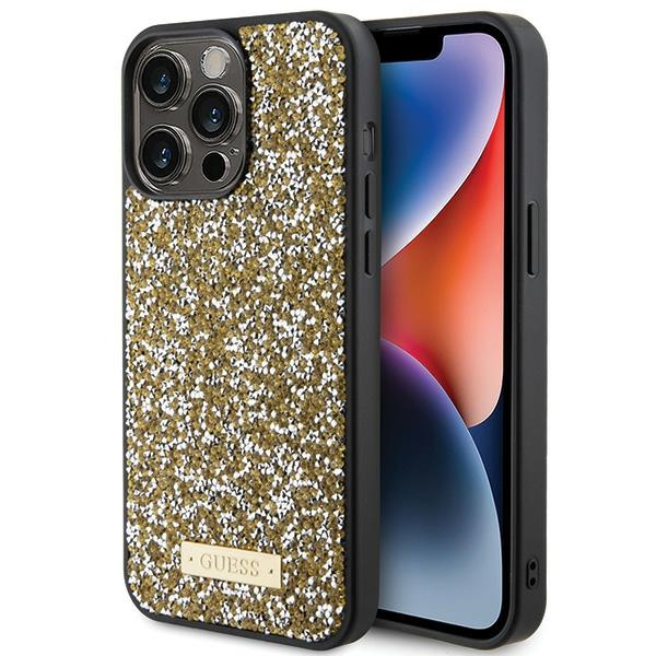 Guess Rhinestone Metal Logo Suojakuori iPhone 15 Pro:lle - keltainen
