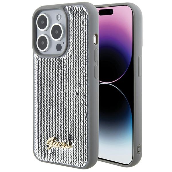 Guess Sequin Script Metal Suojakuori iPhone 15 Pro:lle - hopeinen