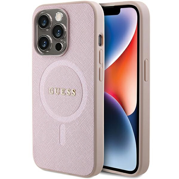 Guess Saffiano MagSafe Suojakuori iPhone 15 Pro:lle - vaaleanpunainen