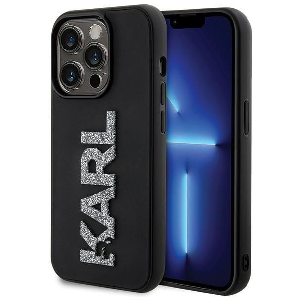 Karl Lagerfeld 3D Rubber Glitter Logo Suojakuori iPhone 15 Pro:lle - musta