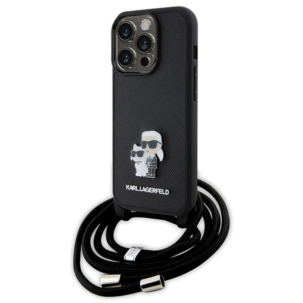 Karl Lagerfeld Crossbody Saffiano Metal Pin Karl & Choupette Suojakuori iPhone 15 Pro:lle - musta