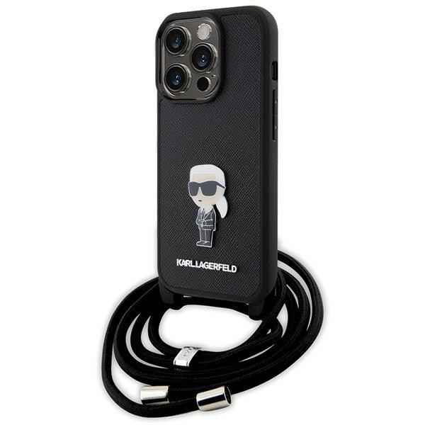 Karl Lagerfeld Crossbody Saffiano Monogram Metal Pin Karl & Choupette Suojakuori iPhone 15 Pro:lle - musta