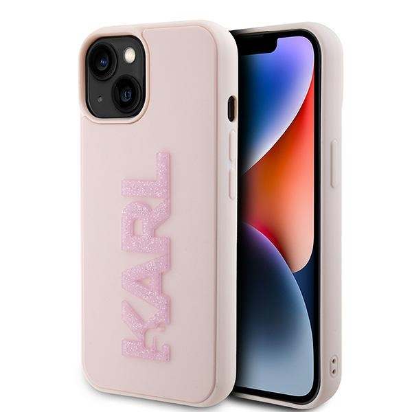 Karl Lagerfeld 3D Rubber Glitter Logo Suojakuori iPhone 15 Plus:lle - vaaleanpunainen