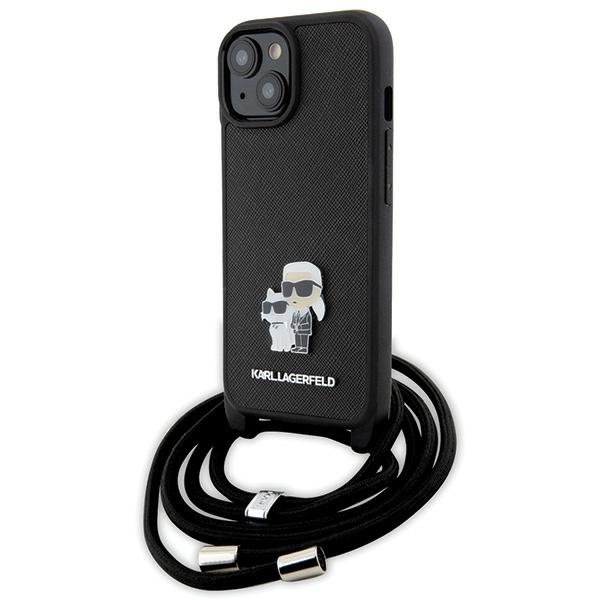 Karl Lagerfeld Crossbody Saffiano Metal Pin Karl & Choupette Suojakuori iPhone 15 Plus:lle - musta