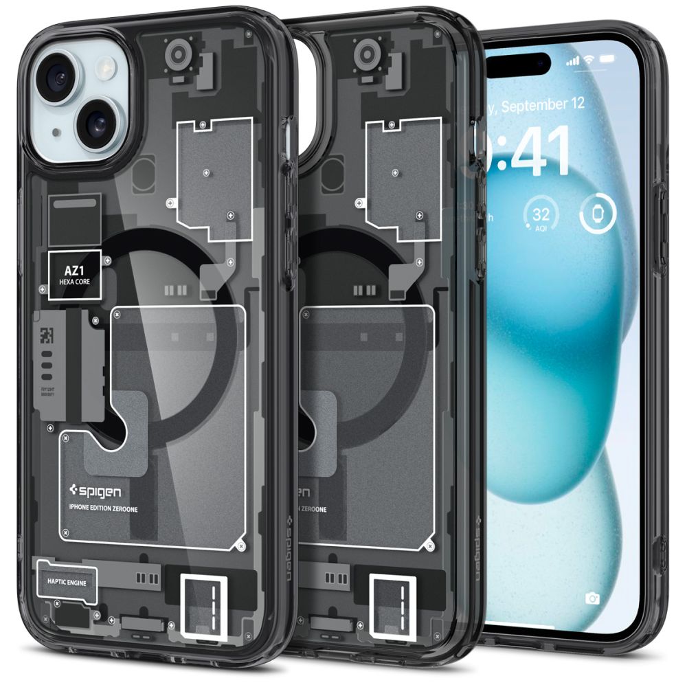 Spigen Ultra Hybrid Mag Suojakuori MagSafella iPhone 15 Plus:lle - Tummanharmaa (Zero One Pattern)