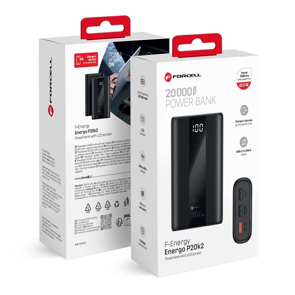 Varavirtalähde Forcell F-Energy Energo P20K2 QC3.0 PD 3A 22,5W 20000 mAh musta